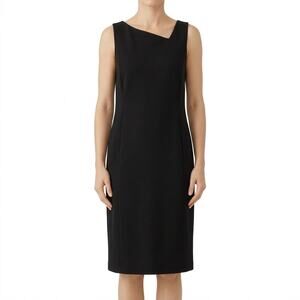 Eileen Fisher Black Ponte Asymmetrical Neck Sheath Sleeveless Pencil Dress Sz 10